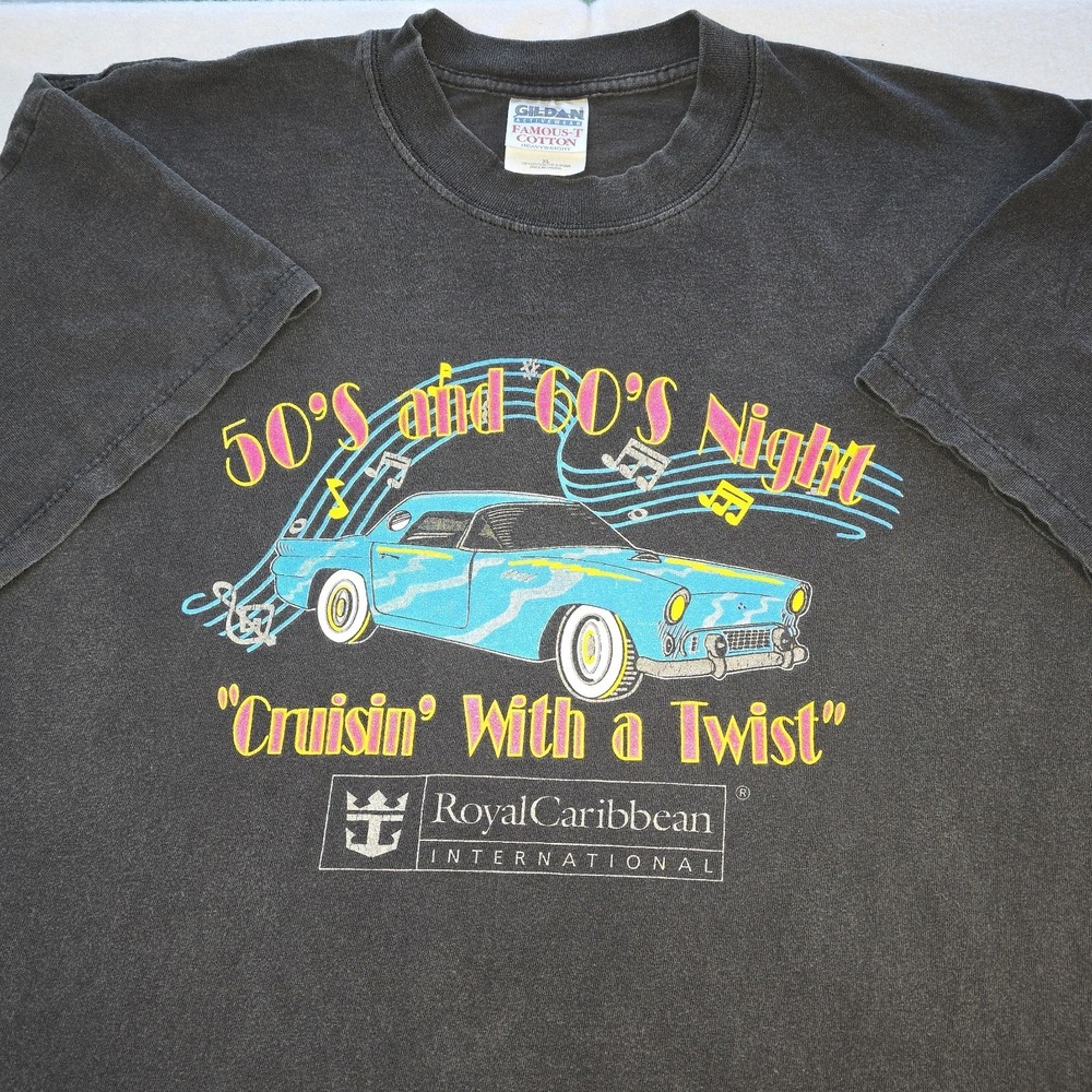 Vintage 90s Royal Caribbean Cruise T-Shirt XL 50s 60s Night Classic Car Fade